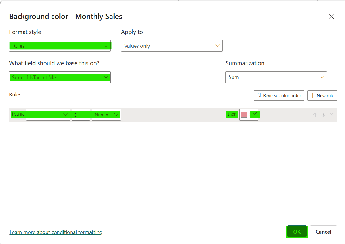 Power BI Conditional Formatting Background Color Settings