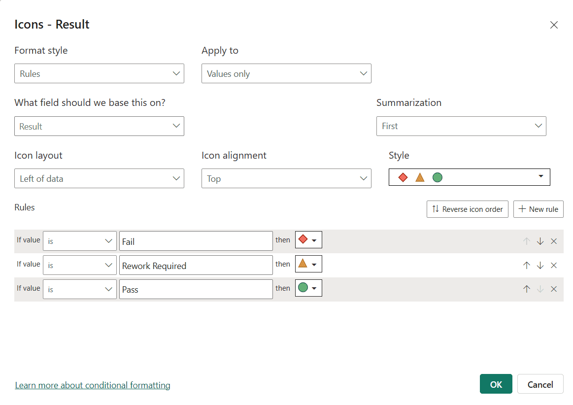 Power BI Conditional Formatting Icons Settings