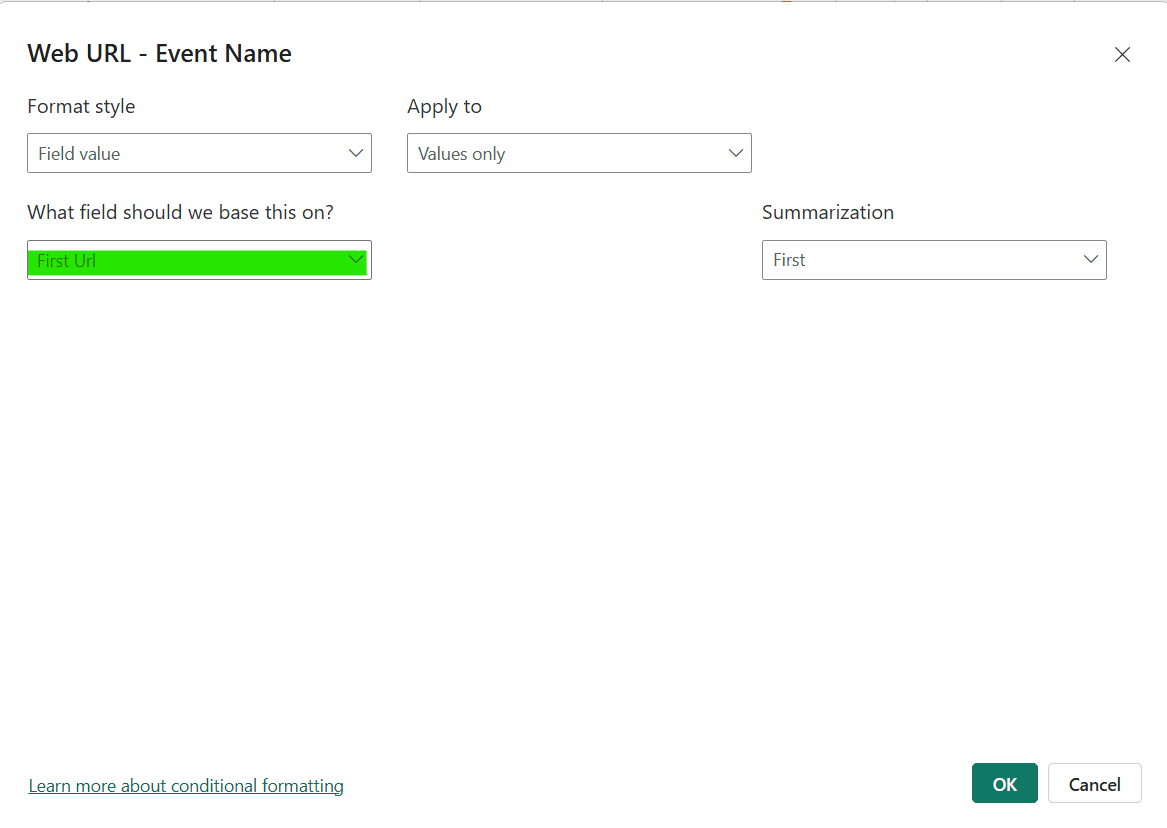 Power BI Conditional Formatting Web URL Settings