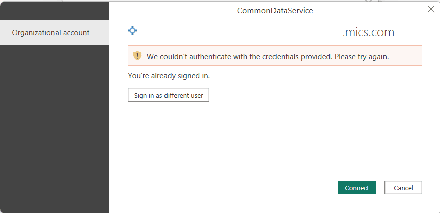 Power BI Dataverse - Could not authenticate with credentials provided