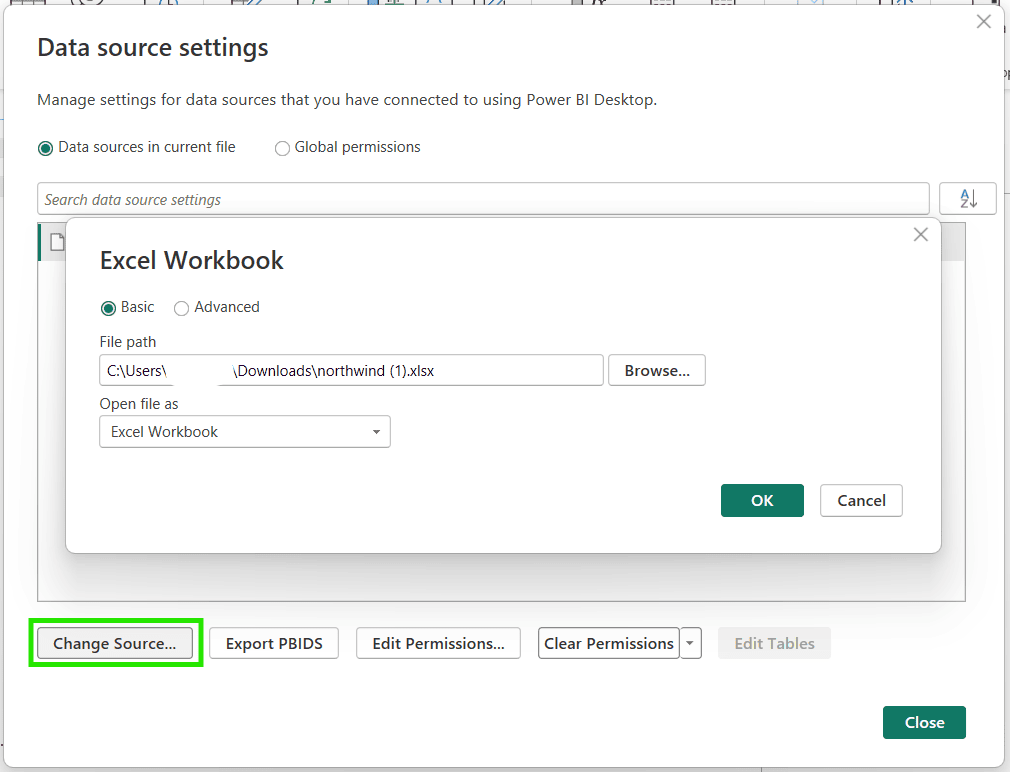 How to change Excel data source file in Power BI