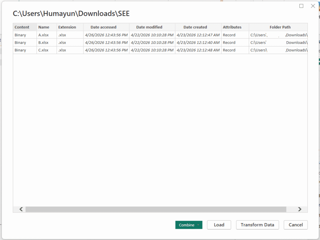 Combine multiple excel files data in Power BI Desktop