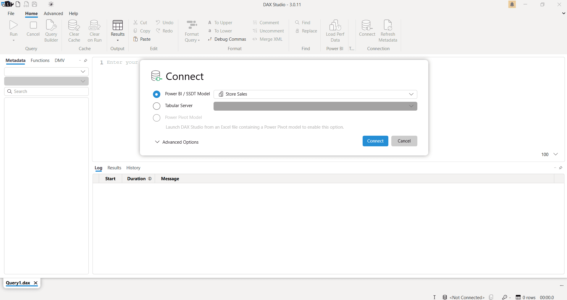 DAX Studio window showing selection of Power BI Desktop model for Store Sales report connection