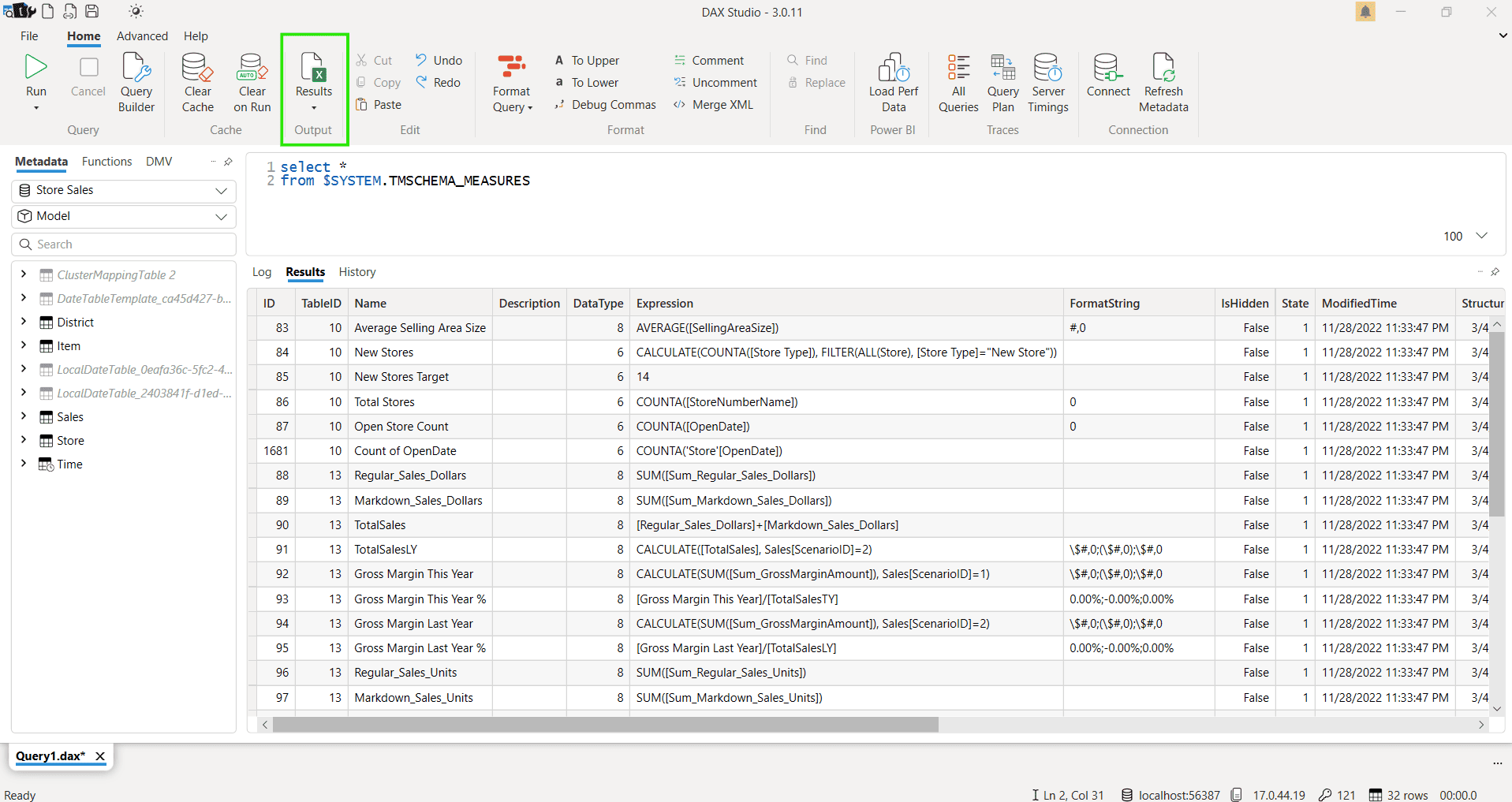 DAX Studio Home ribbon showing Results dropdown with Static option selected for exporting to Excel format