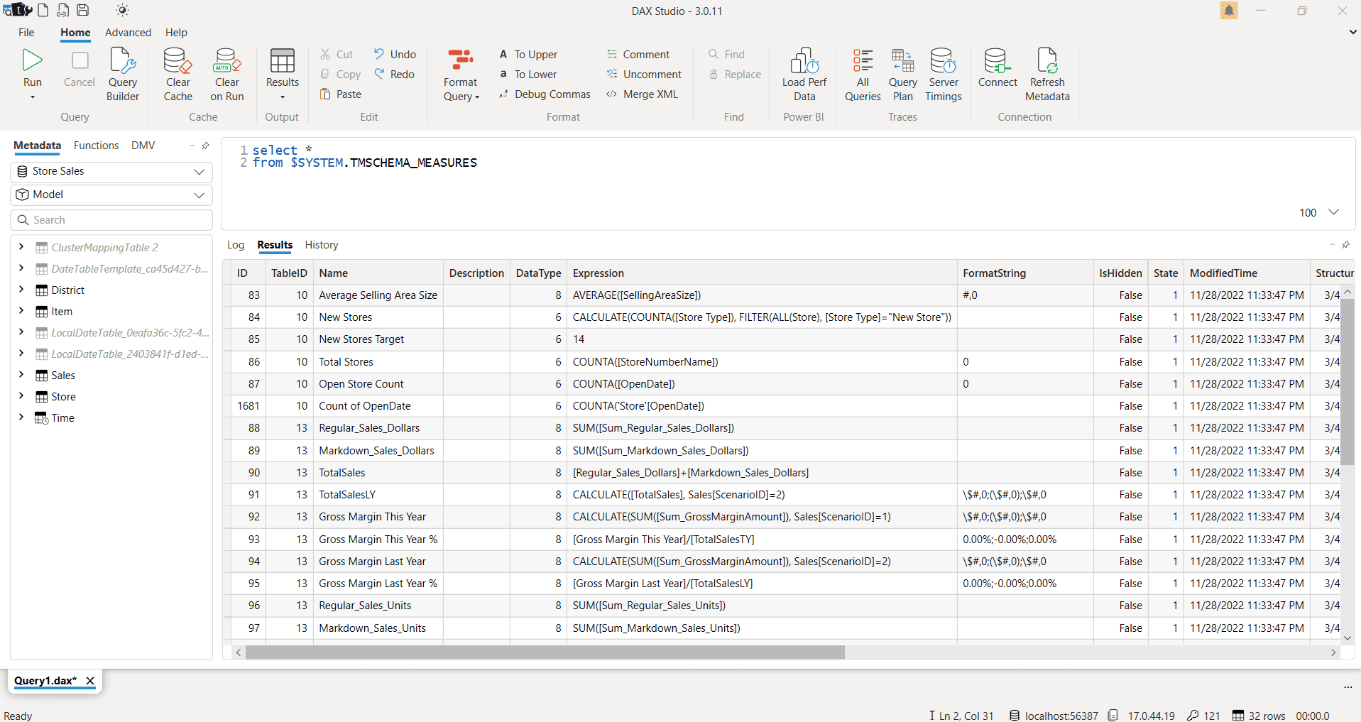 DAX Studio results grid displaying all Power BI measures and their DAX expressions after running query