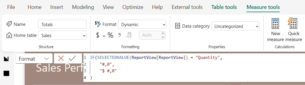 DAX measure using Power BI dynamic format strings to switch between currency and whole number formatting based on user selection.