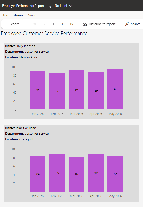 Monthly Employee Performance Report in Power BI Report Builder displaying employee information and monthly performance trends.