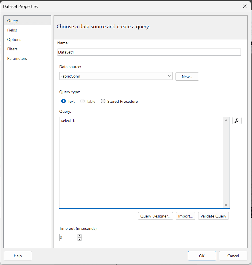 Helper dataset configured in the Power BI Report Builder subreport to control report rendering.