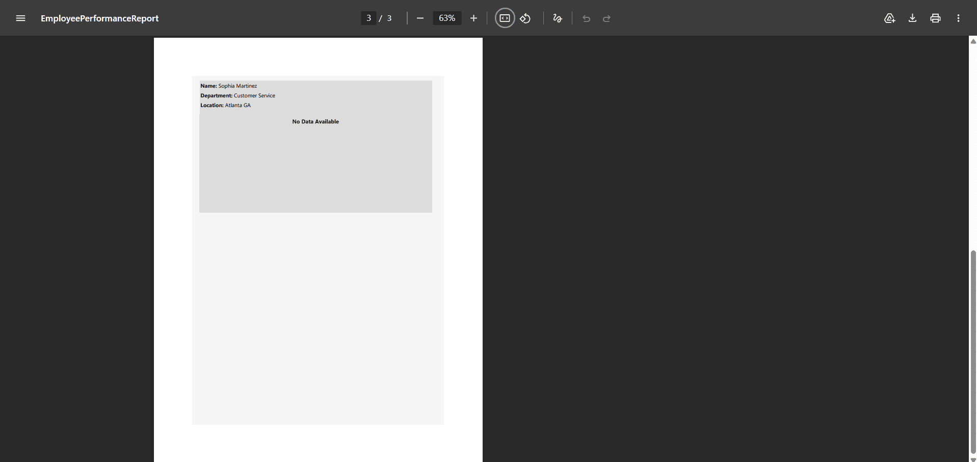Power BI Report Builder report correctly displaying all employees after resolving the subreport rendering issue when no data is returned.
