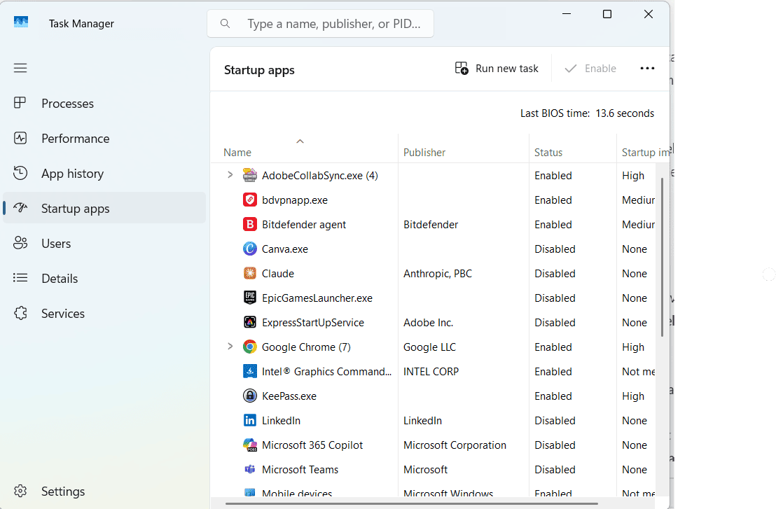 Task Manager showing status of Startup applications or programs