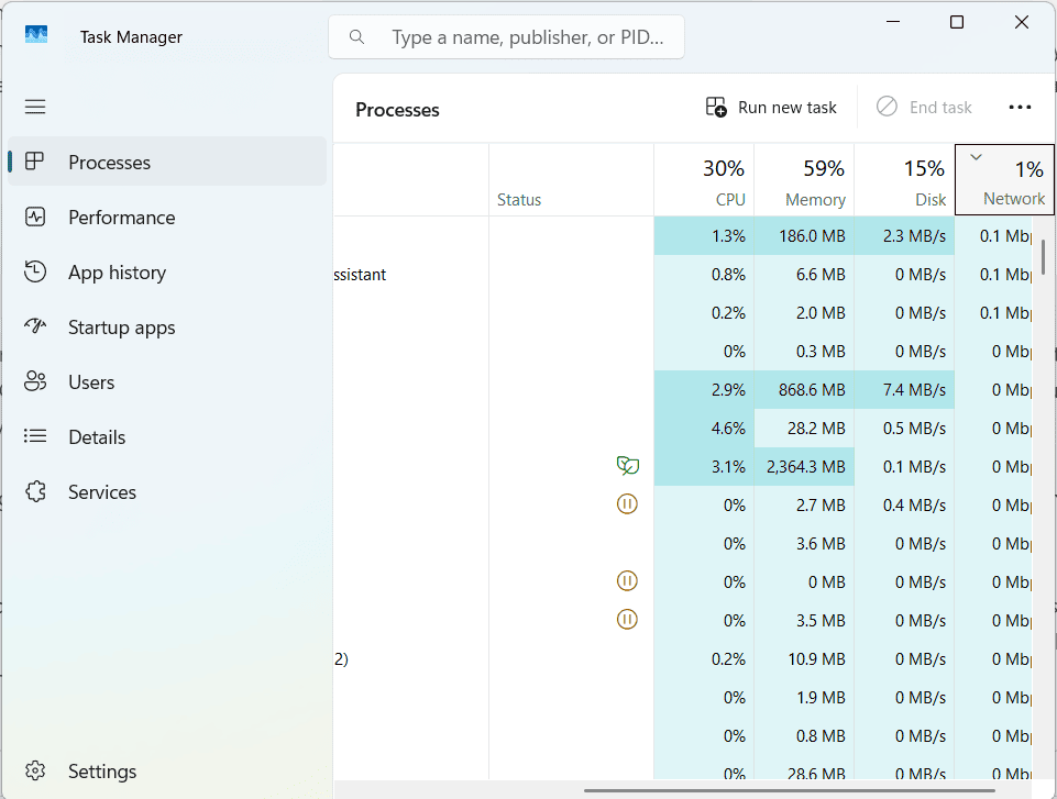 Task manager running on Windows 11 showing programs taking most of CPU, Memory, Disk and Network